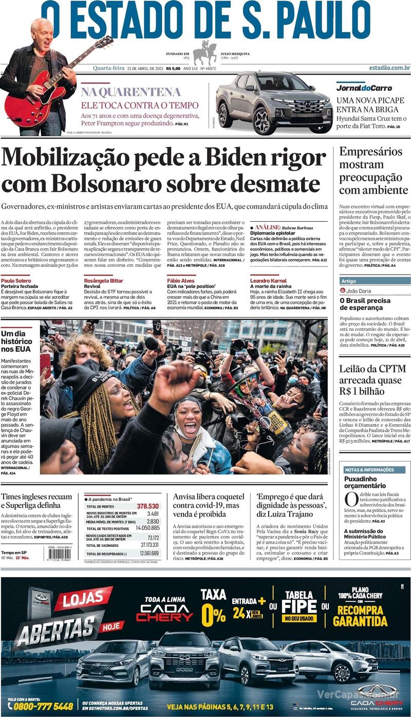 Capa do jornal Estadão 21/04/2021
