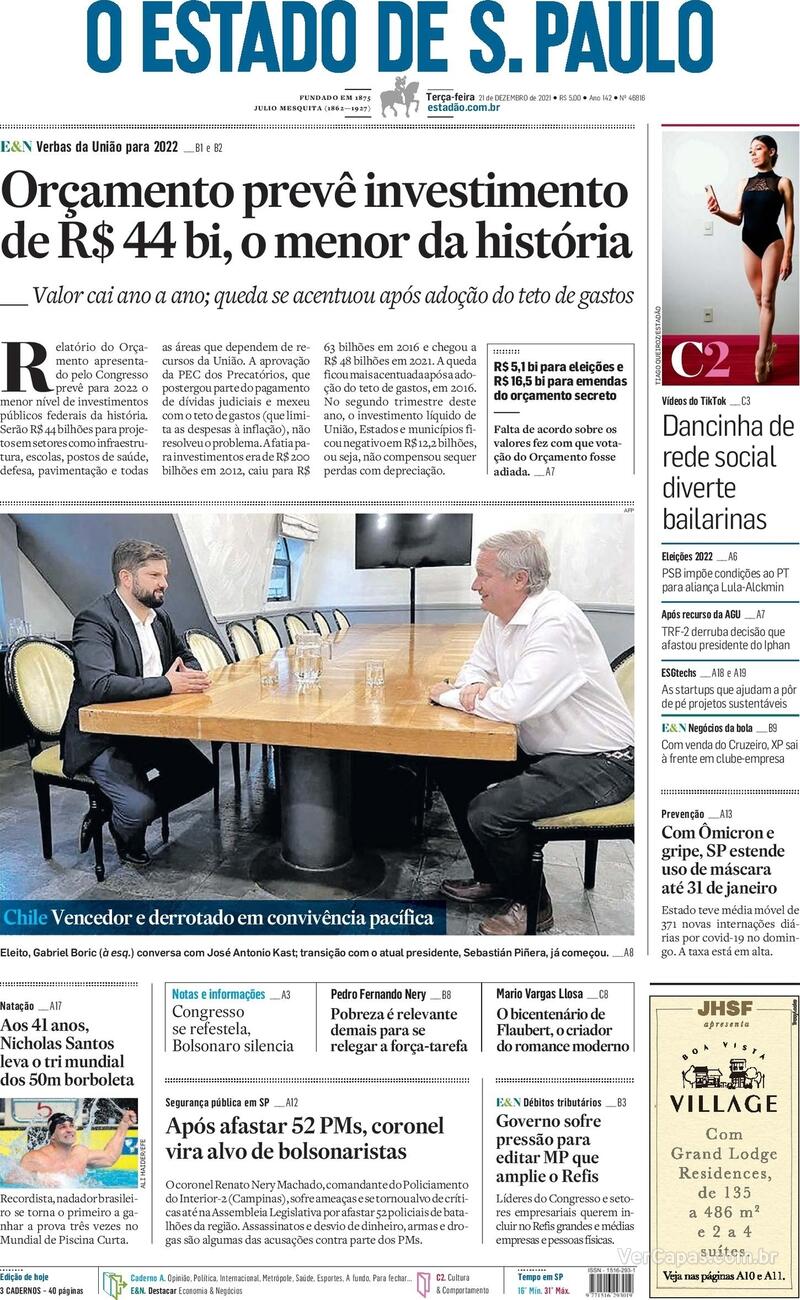 Capa do jornal Estadão 21/12/2021