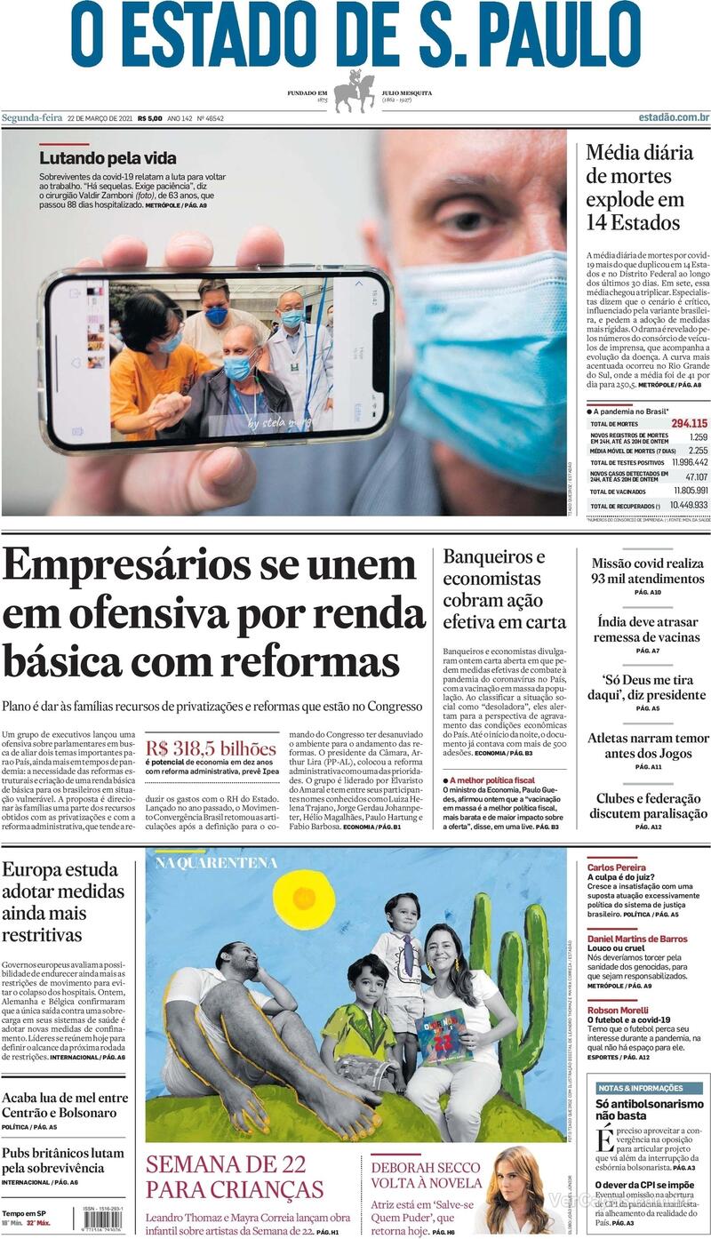 Capa do jornal Estadão 22/03/2021