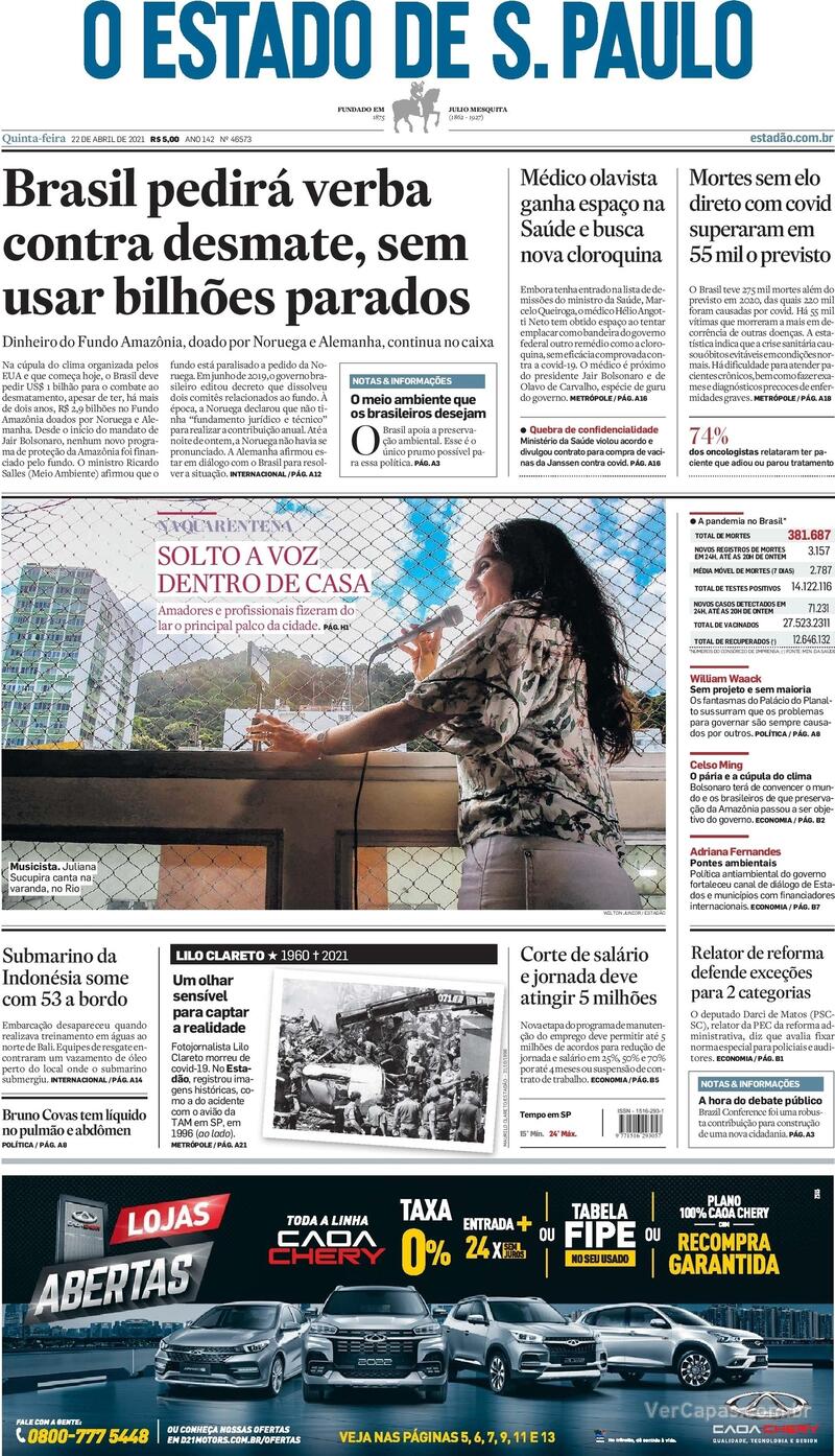 Capa do jornal Estadão 22/04/2021
