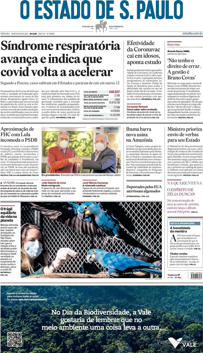 Capa do jornal Estadão 22/05/2021