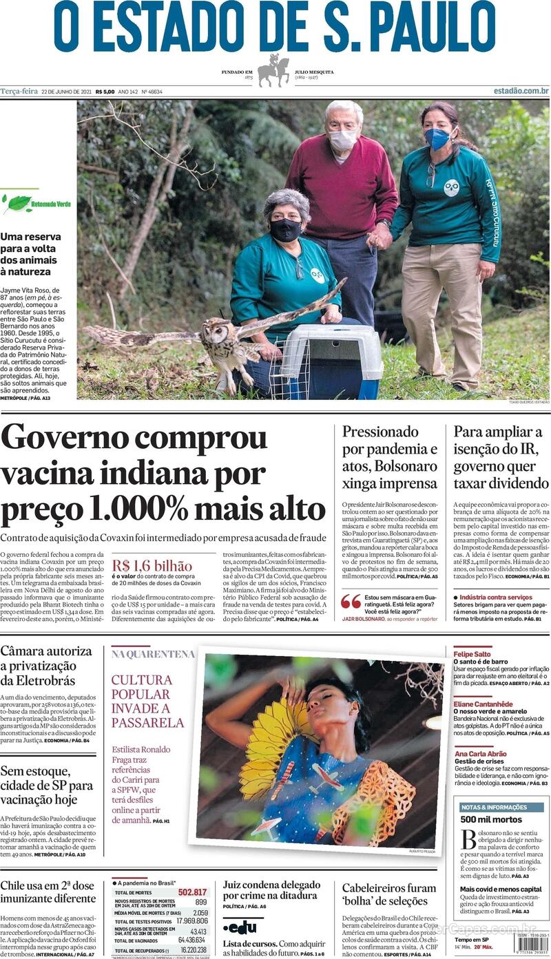 Capa do jornal Estadão 22/06/2021