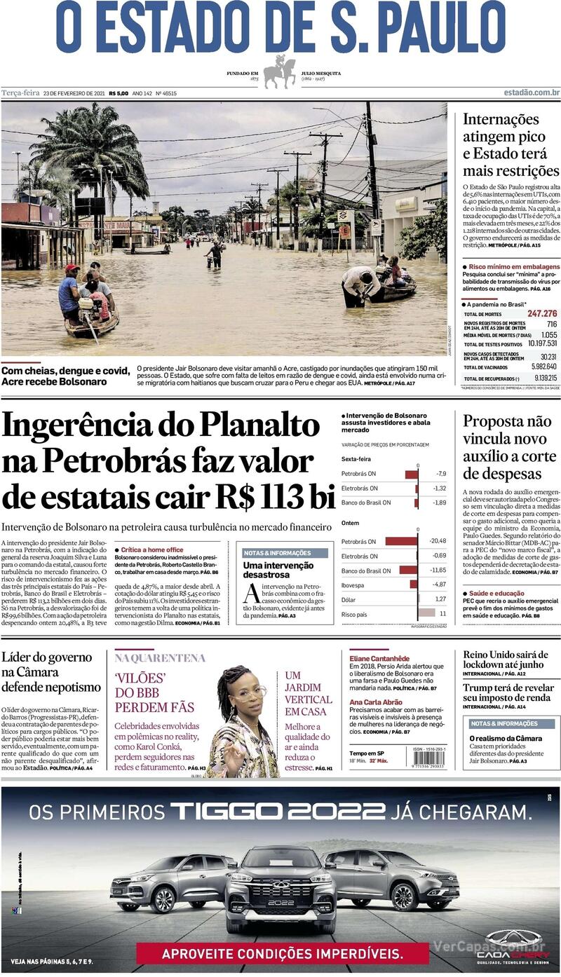 Capa do jornal Estadão 23/02/2021