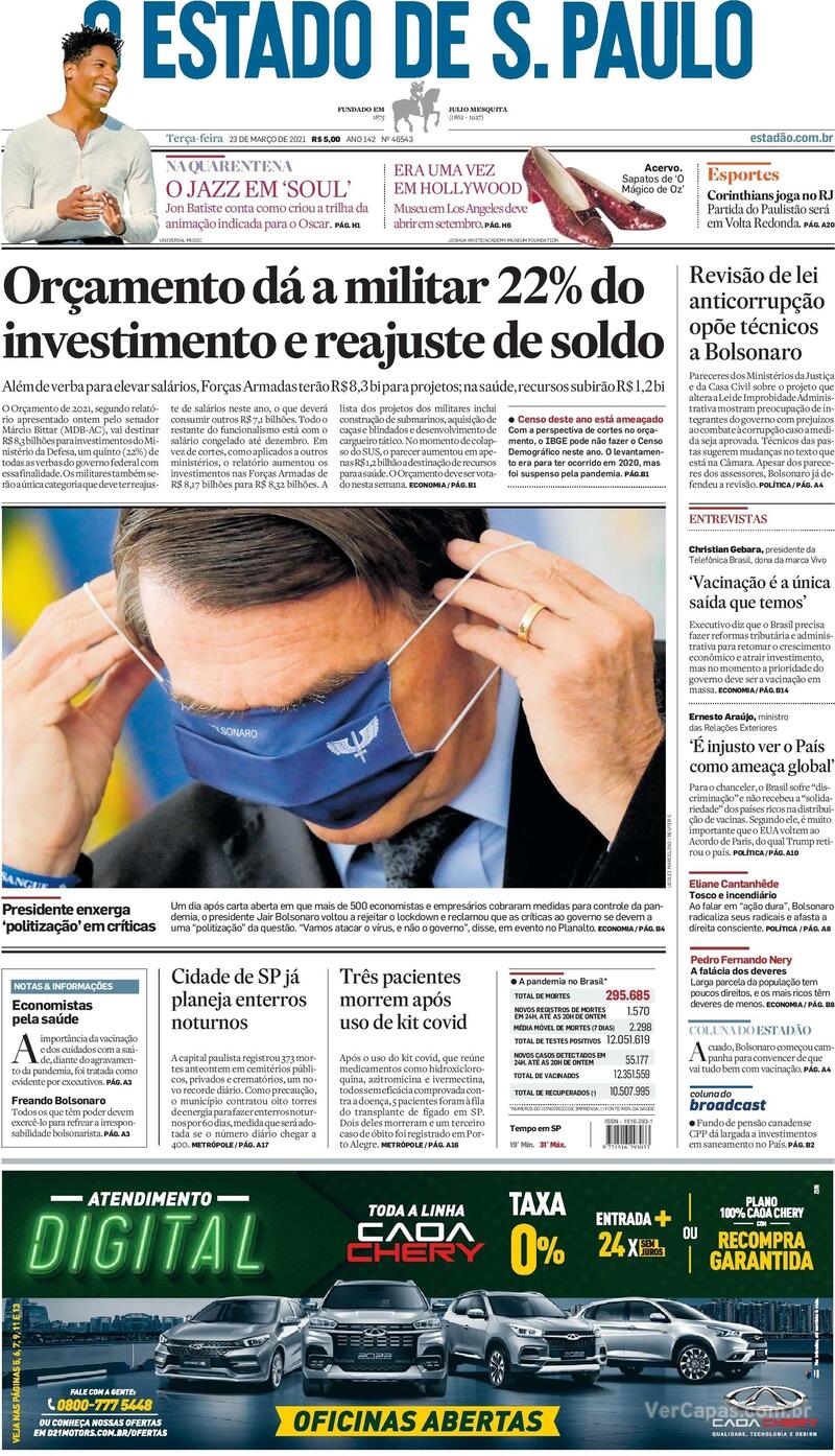 Capa do jornal Estadão 23/03/2021