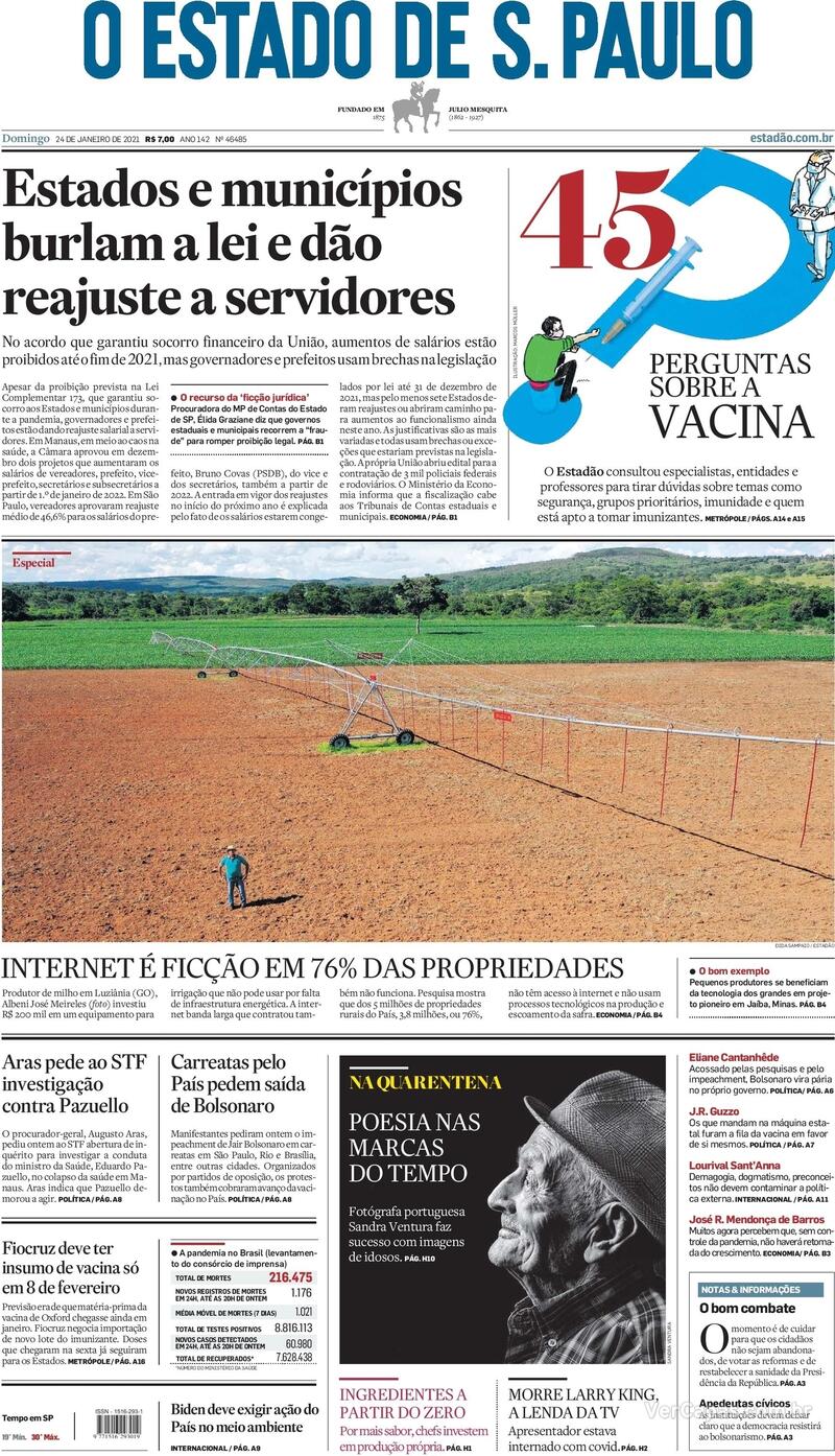 Capa do jornal Estadão 24/01/2021