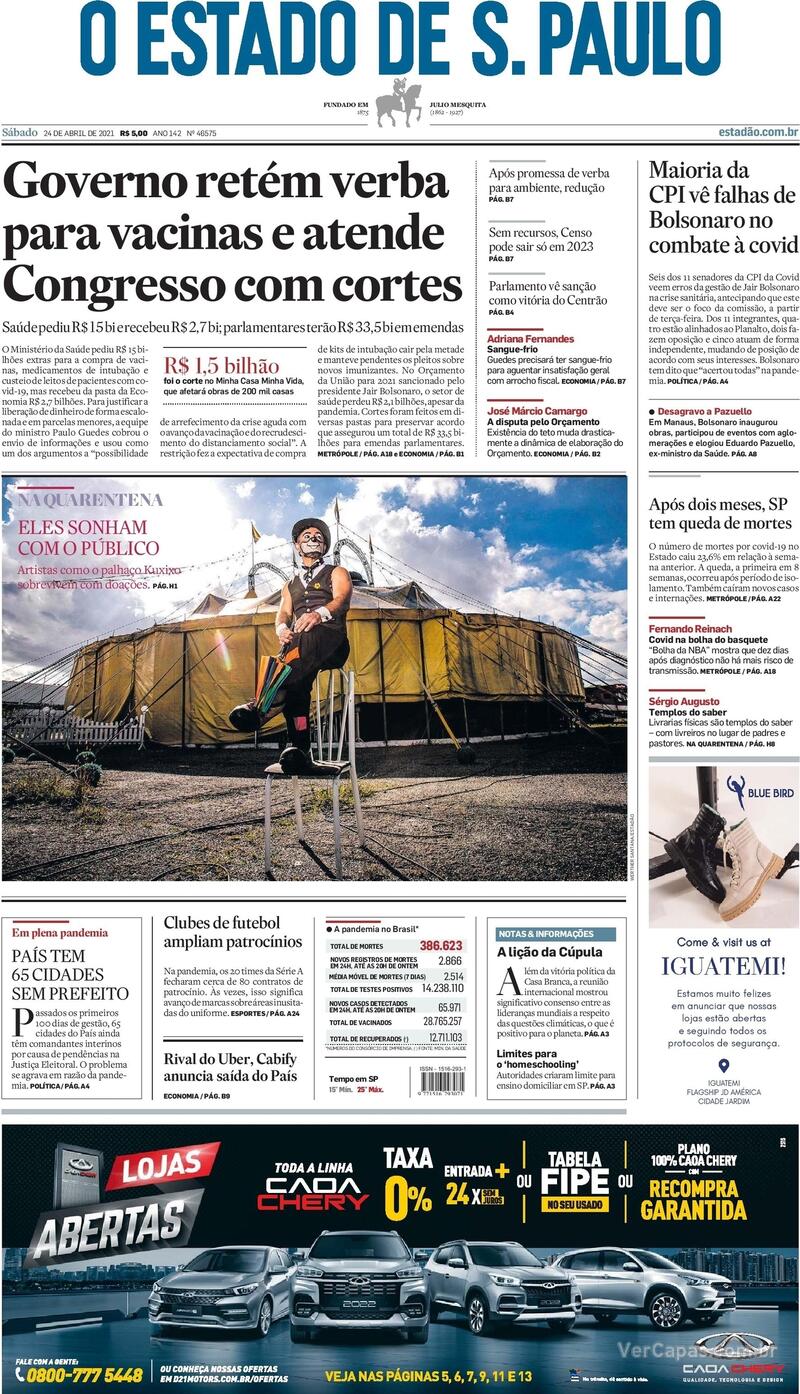 Capa do jornal Estadão 24/04/2021