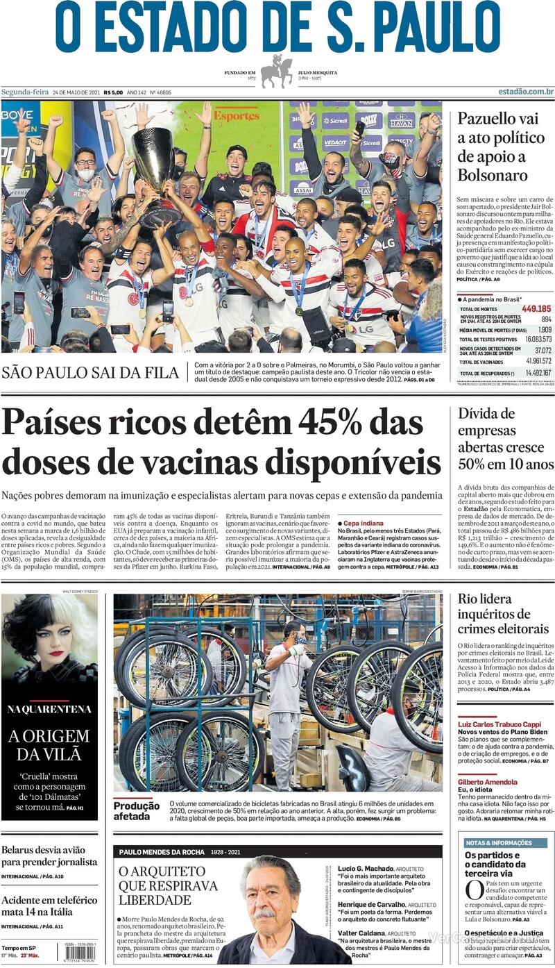 Capa do jornal Estadão 24/05/2021