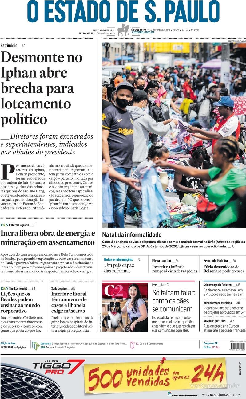 Capa do jornal Estadão 24/12/2021