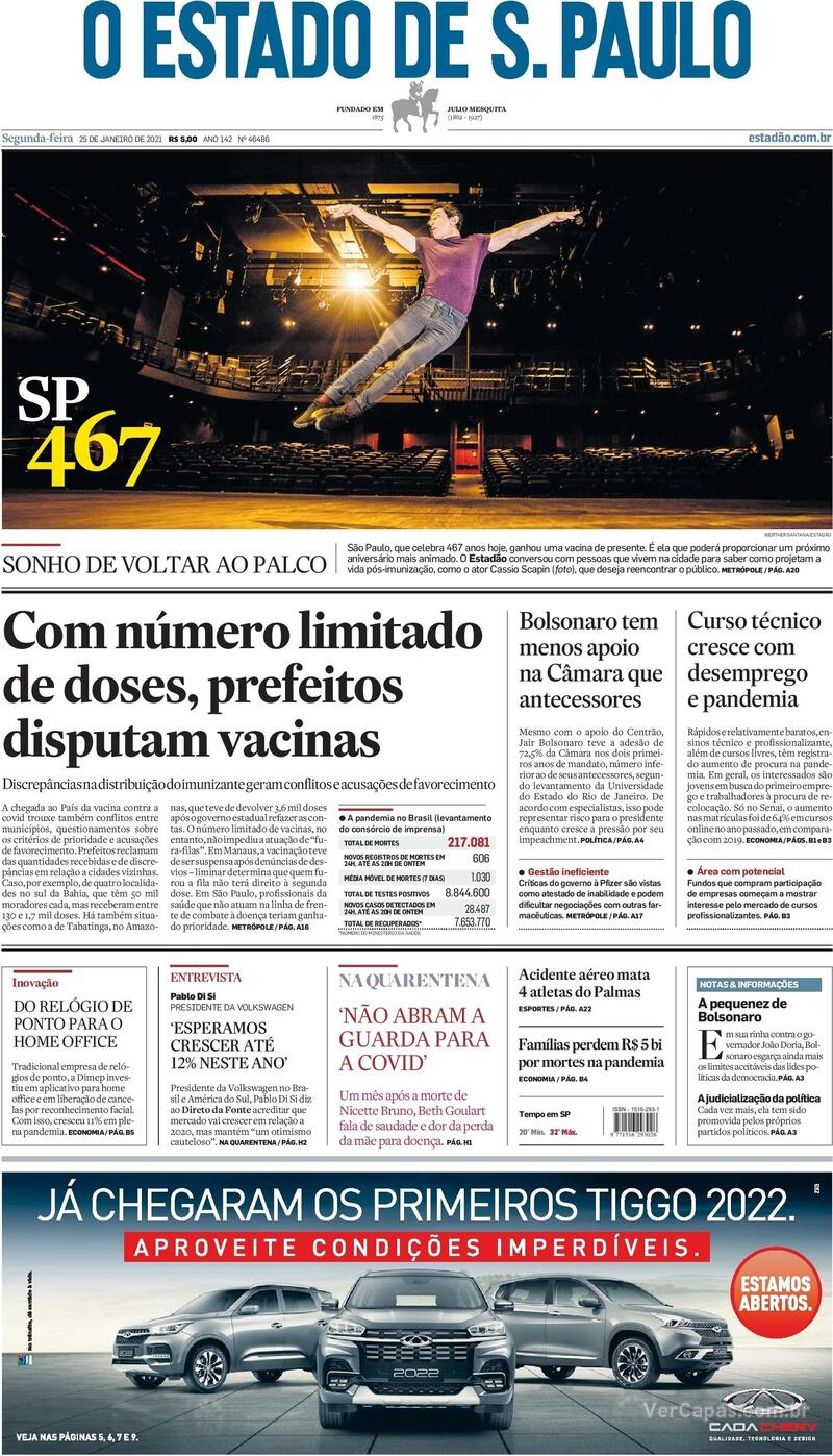 Capa do jornal Estadão 25/01/2021