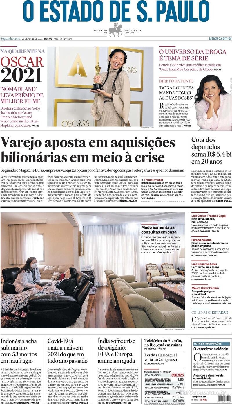 Capa do jornal Estadão 26/04/2021