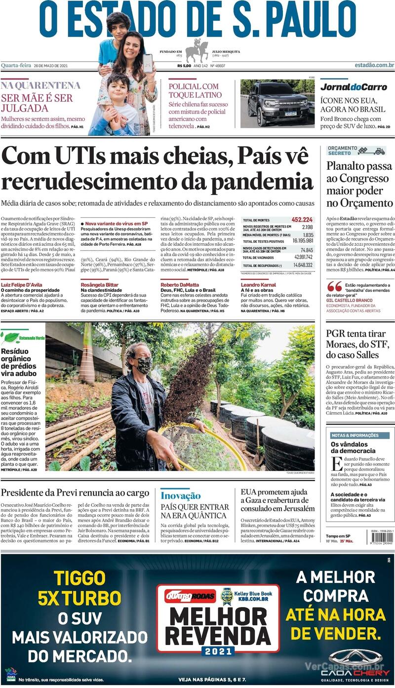 Capa do jornal Estadão 26/05/2021