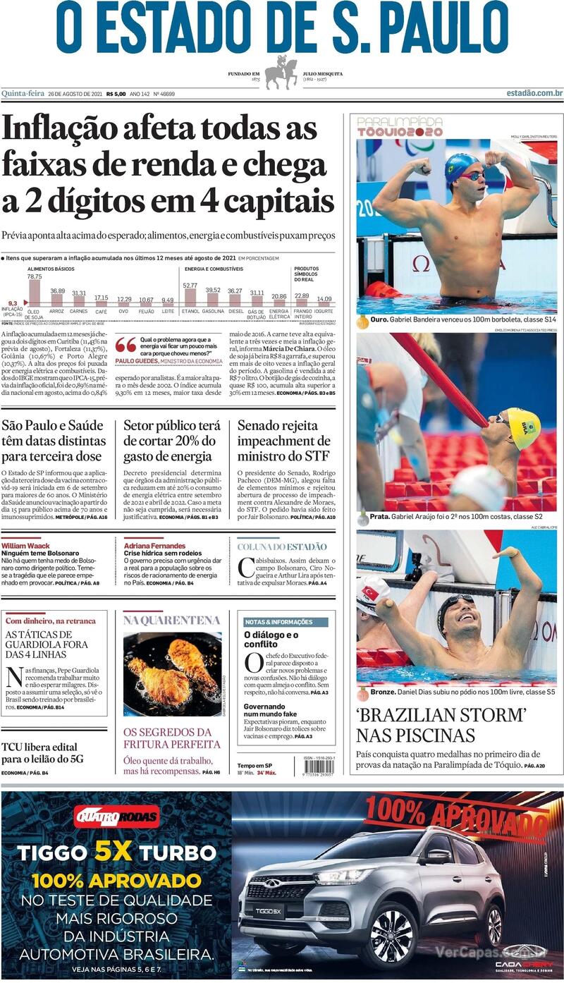 Capa do jornal Estadão 26/08/2021