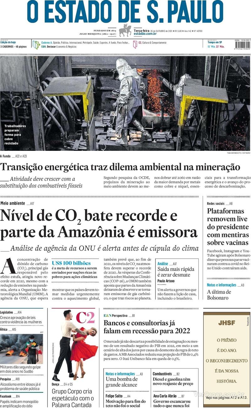 Capa do jornal Estadão 26/10/2021