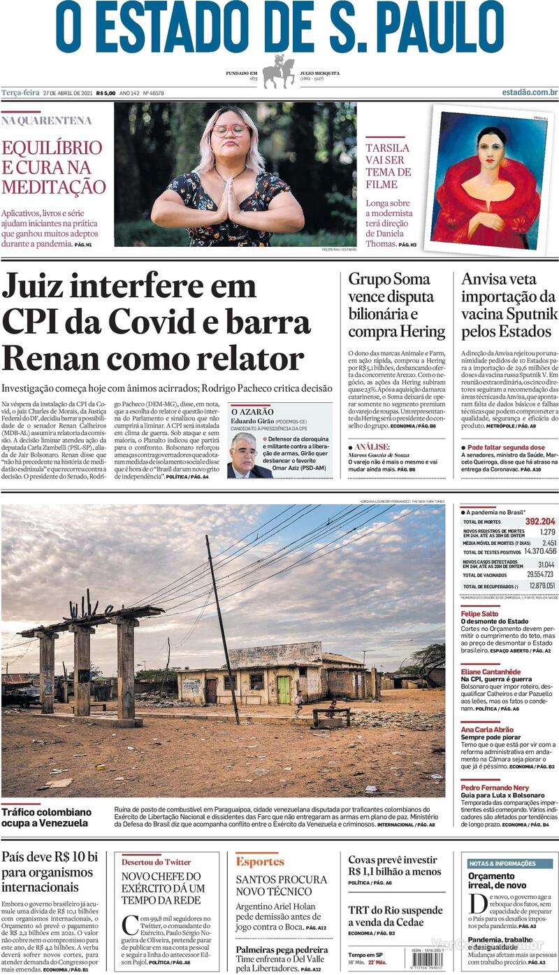 Capa do jornal Estadão 27/04/2021