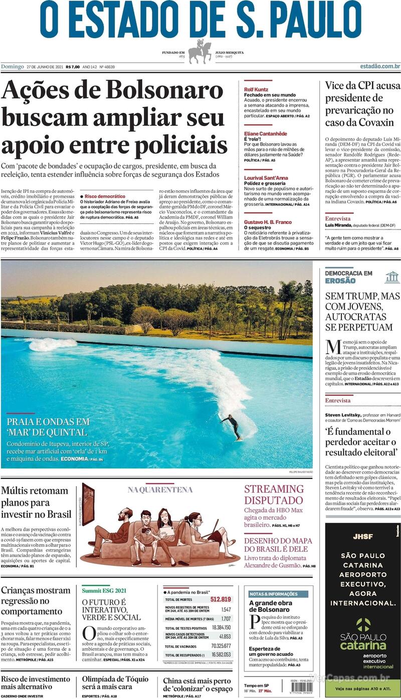 Capa do jornal Estadão 27/06/2021