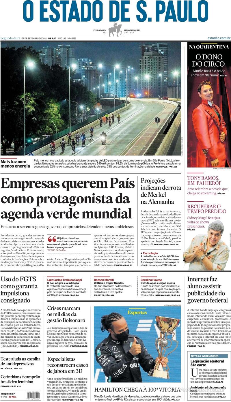 Capa do jornal Estadão 27/09/2021