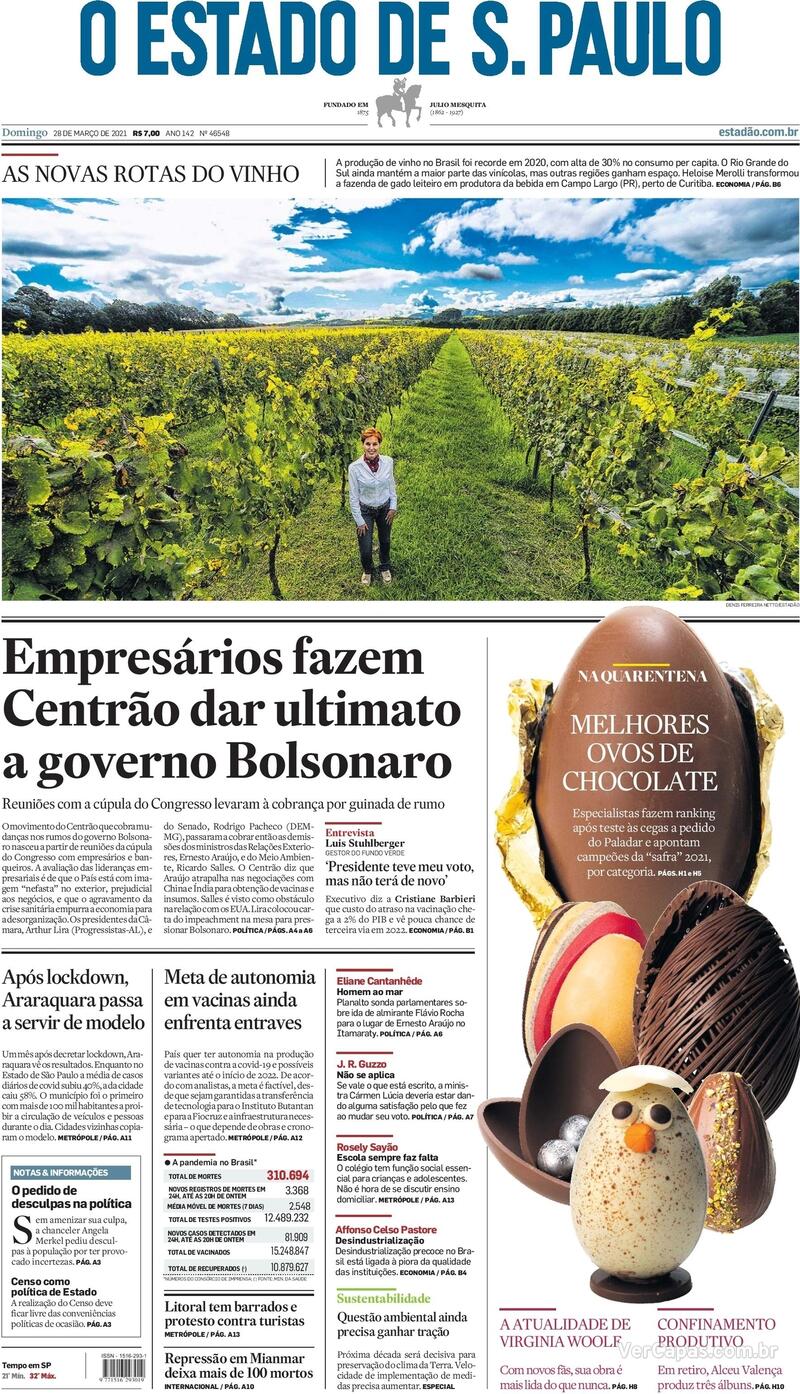 Capa do jornal Estadão 28/03/2021