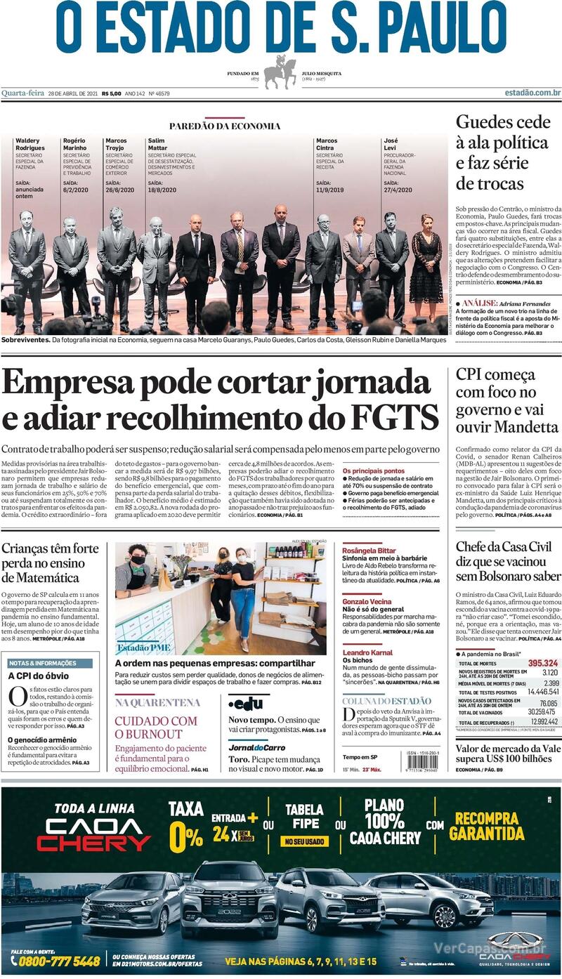 Capa do jornal Estadão 28/04/2021
