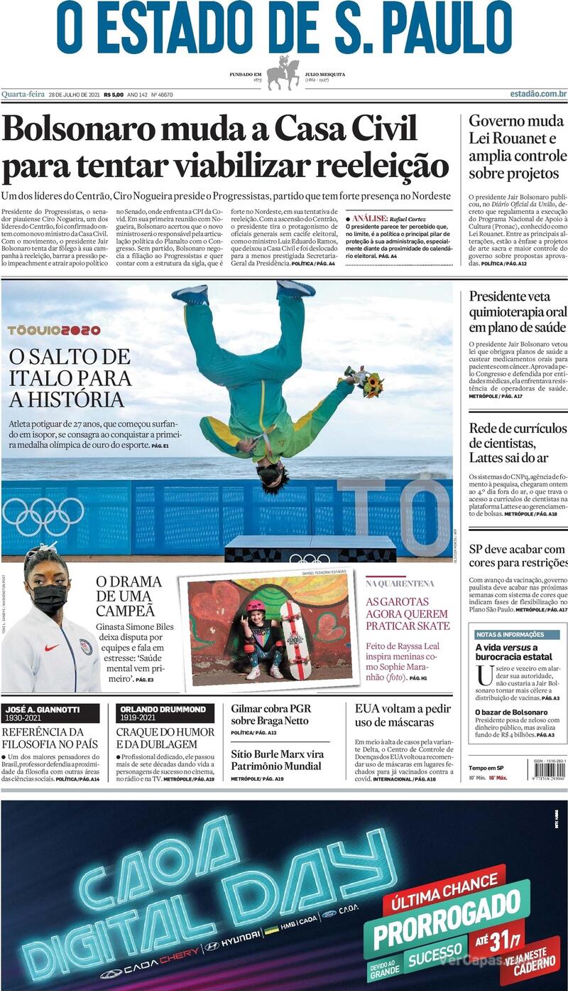 Capa do jornal Estadão 28/07/2021