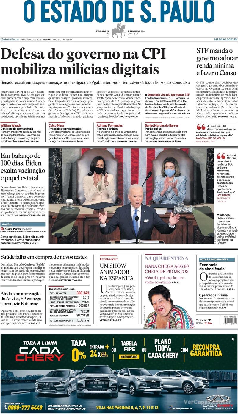 Capa do jornal Estadão 29/04/2021