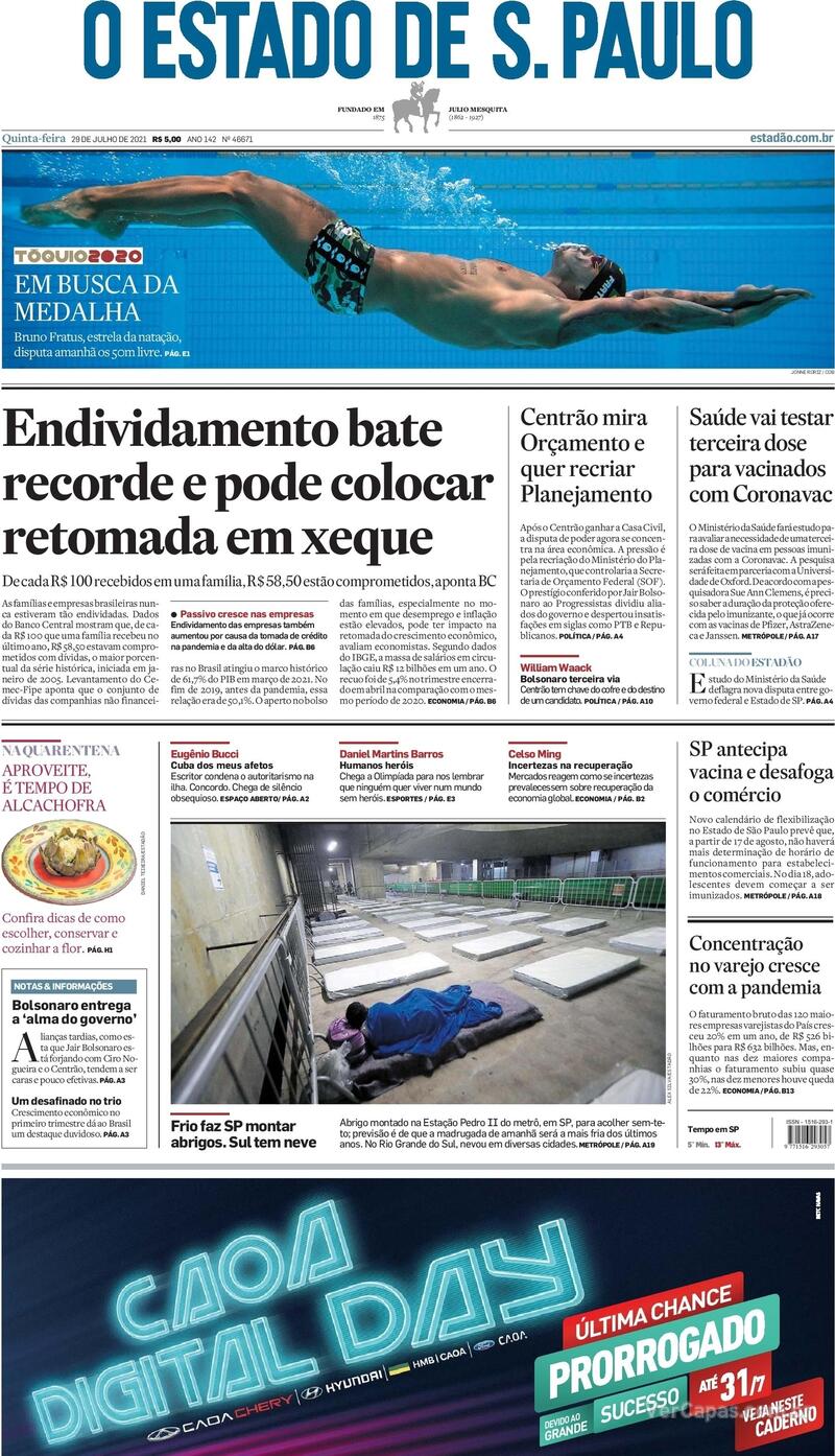 Capa do jornal Estadão 29/07/2021