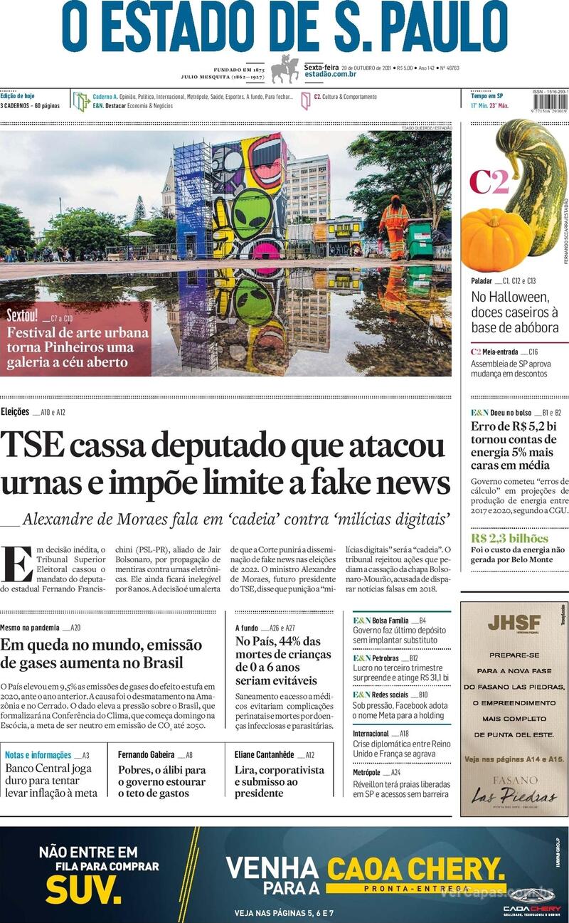 Capa do jornal Estadão 29/10/2021