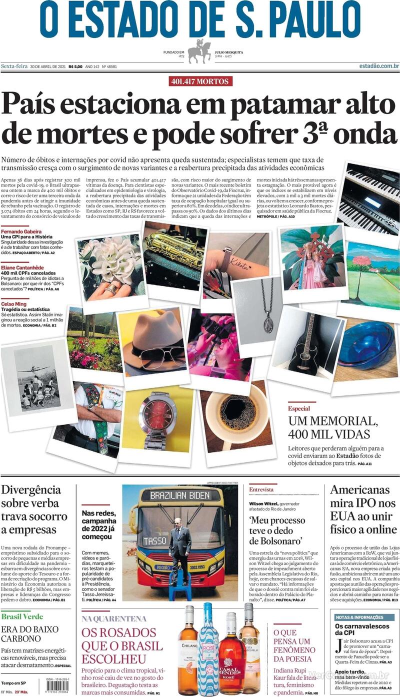 Capa do jornal Estadão 30/04/2021