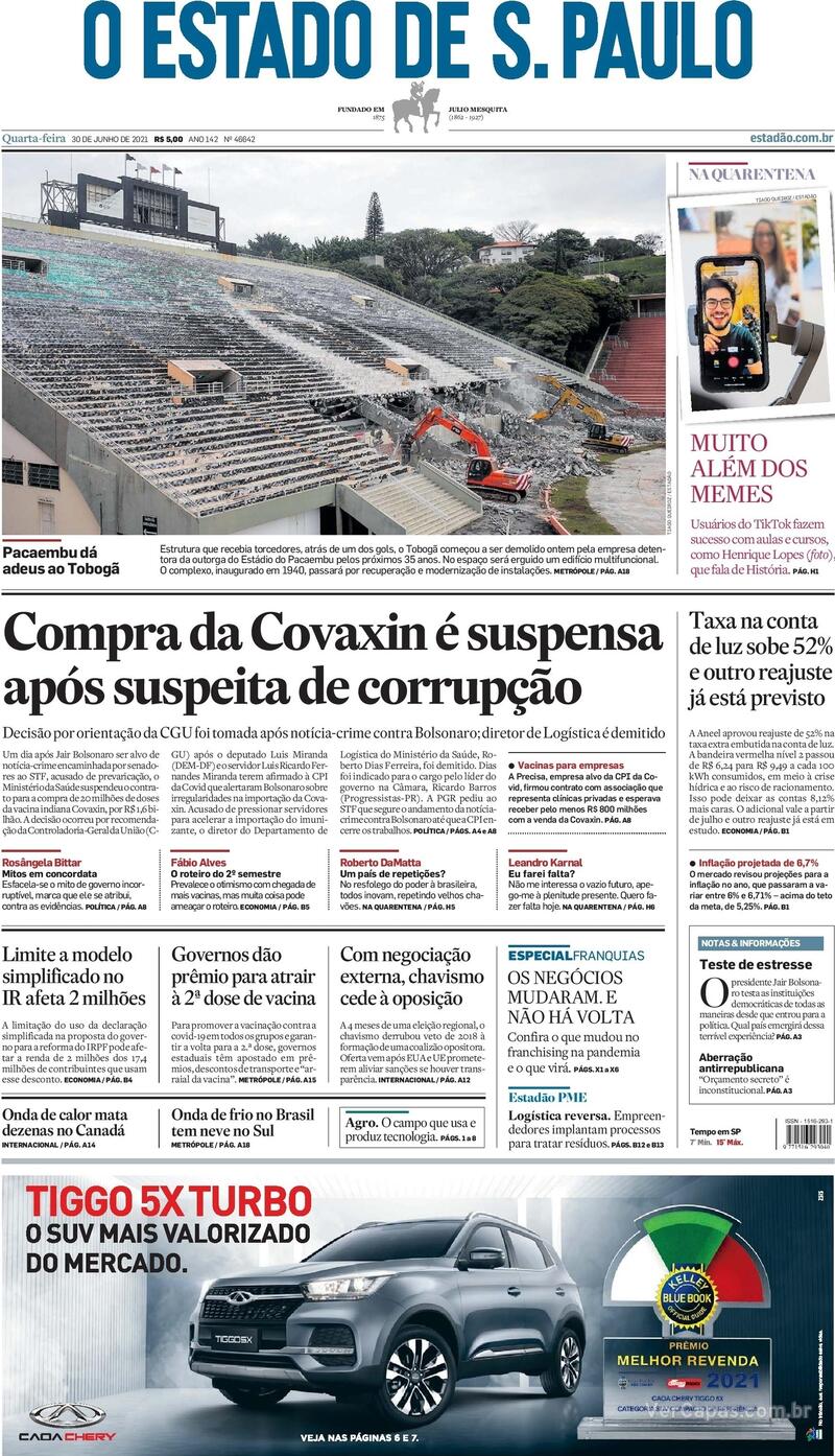 Capa do jornal Estadão 30/06/2021