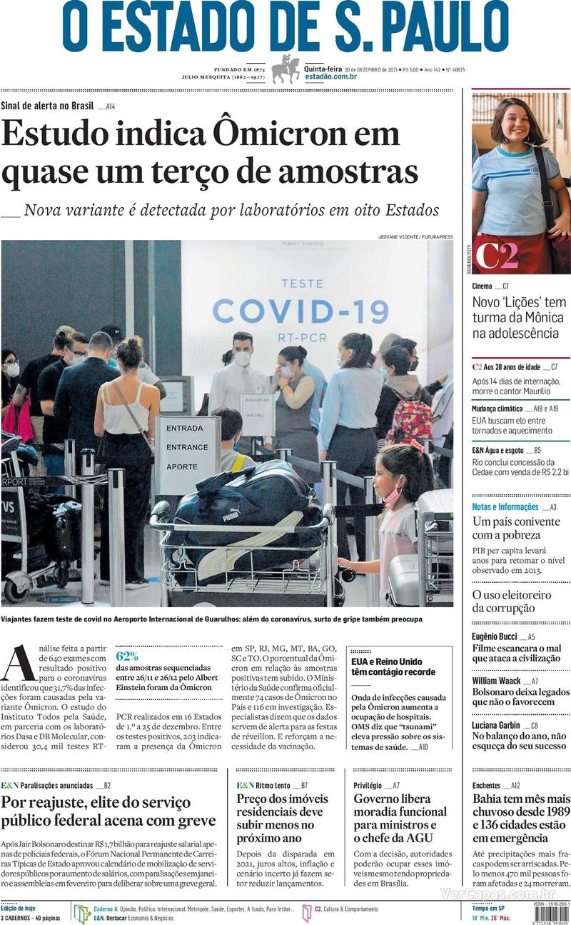 Capa do jornal Estadão 30/12/2021