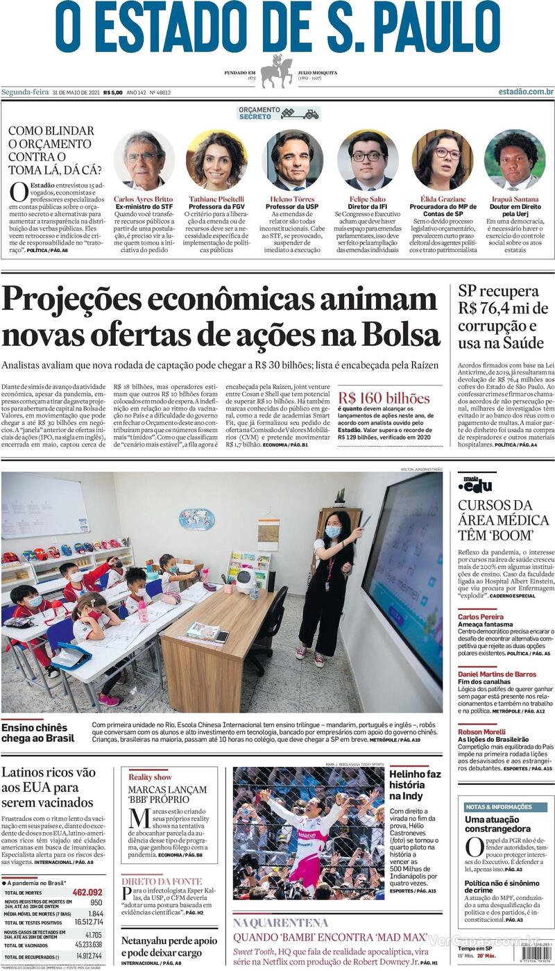 Capa do jornal Estadão 31/05/2021