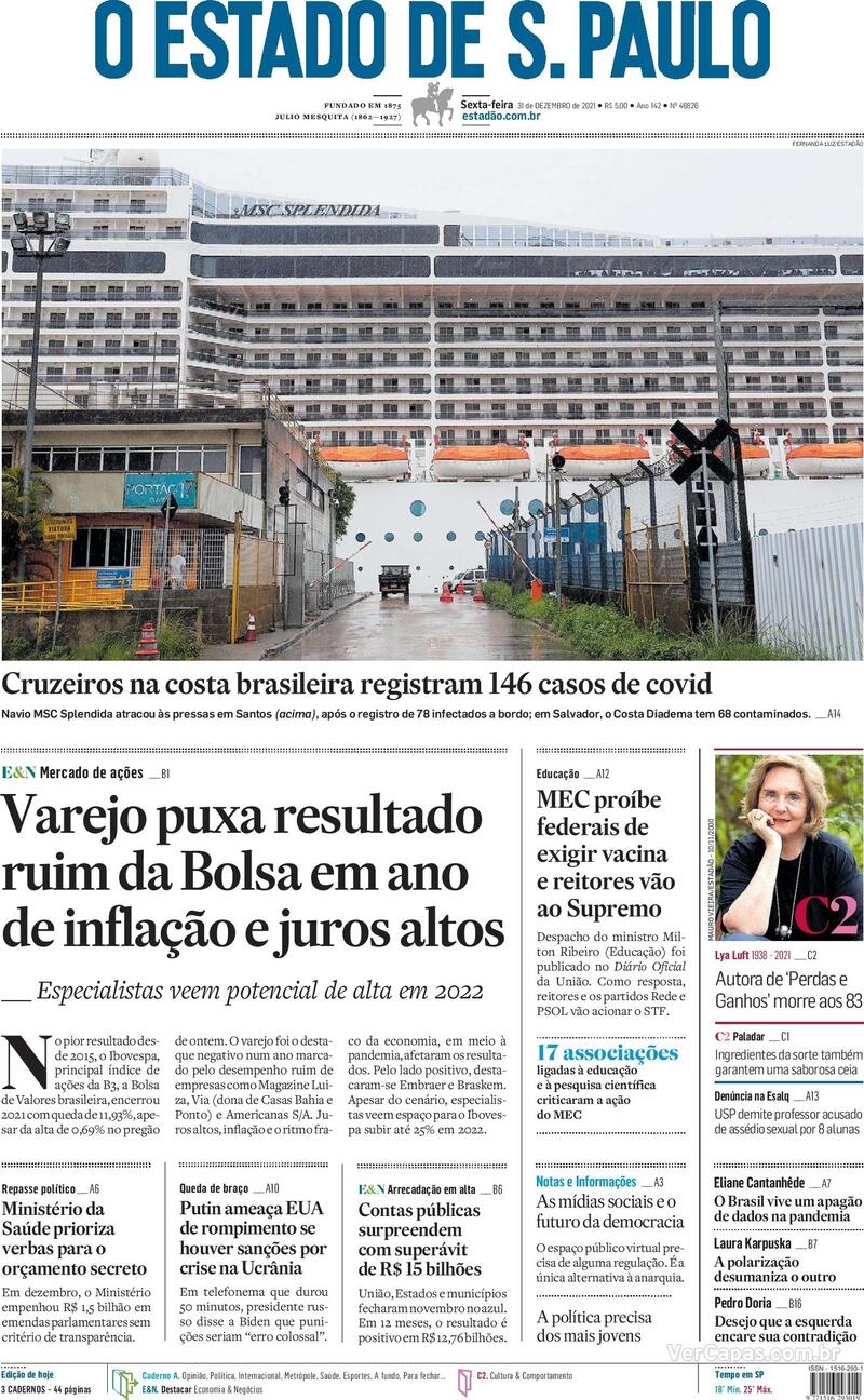 Capa do jornal Estadão 31/12/2021