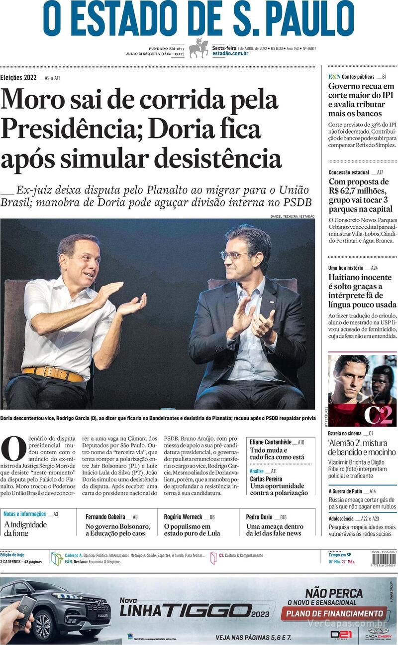 Capa do jornal Estadão 01/04/2022