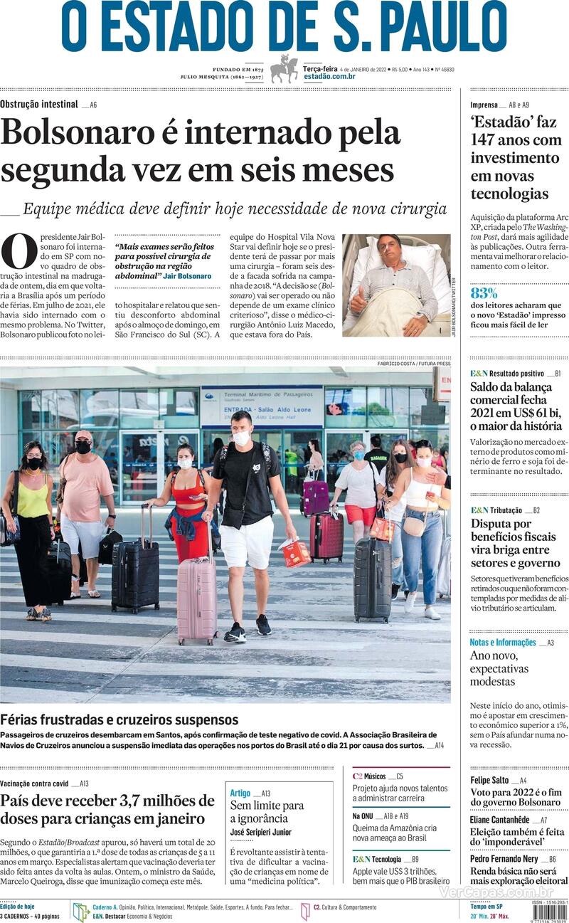 Capa do jornal Estadão 04/01/2022