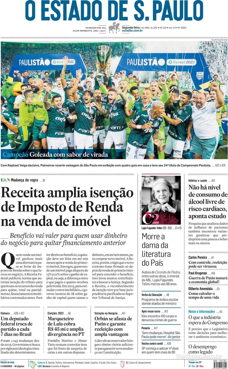 Capa do jornal Estadão 04/04/2022