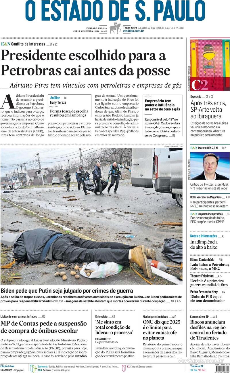 Capa do jornal Estadão 05/04/2022