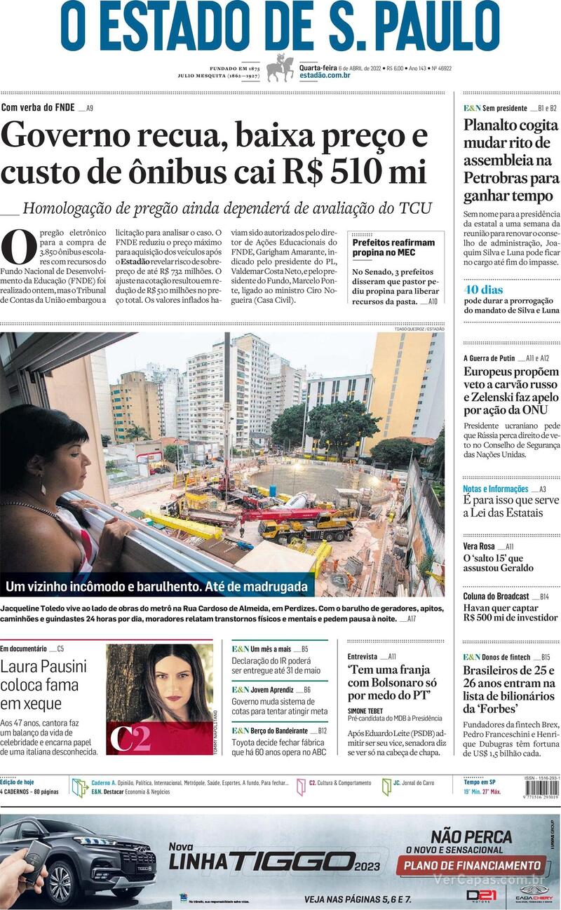 Capa do jornal Estadão 06/04/2022