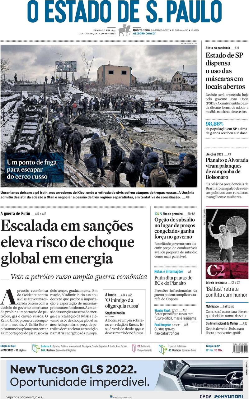 Capa do jornal Estadão 09/03/2022
