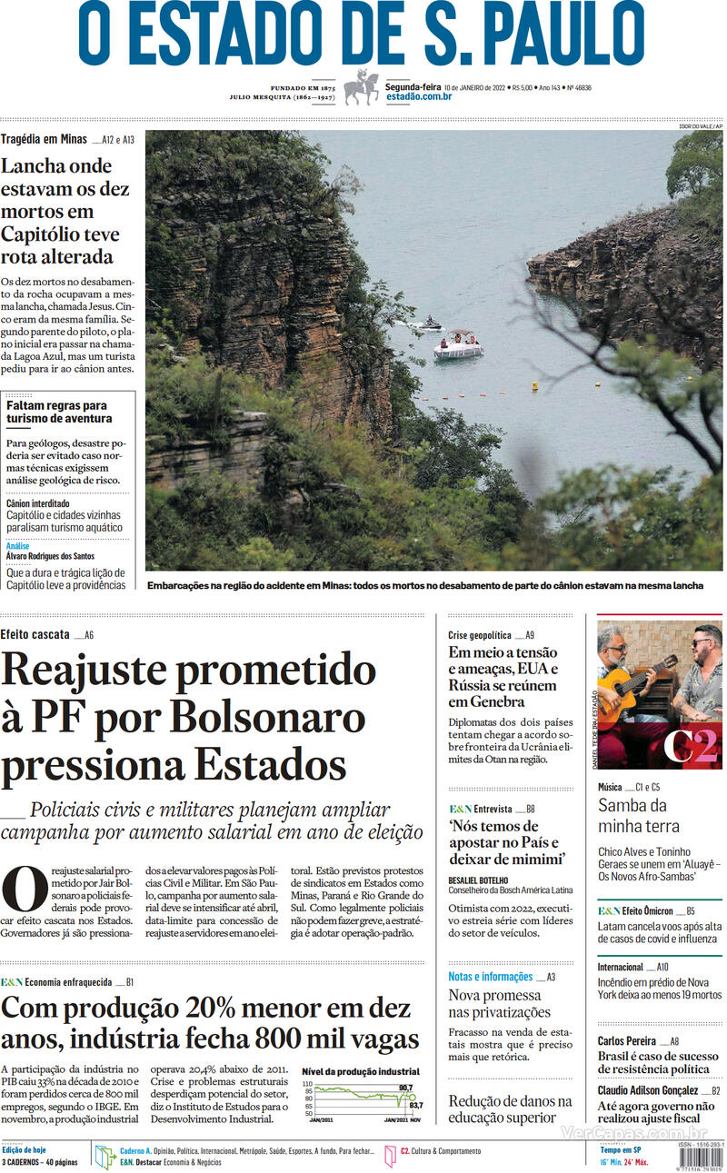 Capa do jornal Estadão 10/01/2022