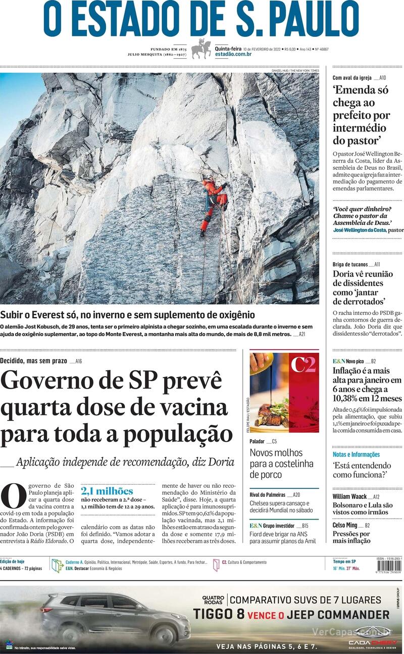 Capa do jornal Estadão 10/02/2022