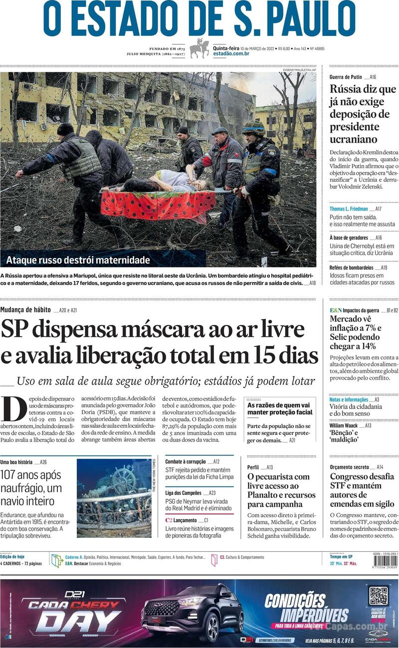Capa do jornal Estadão 10/03/2022