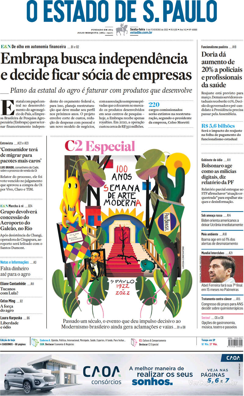 Capa do jornal Estadão 11/02/2022