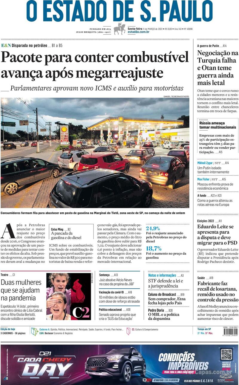 Capa do jornal Estadão 11/03/2022