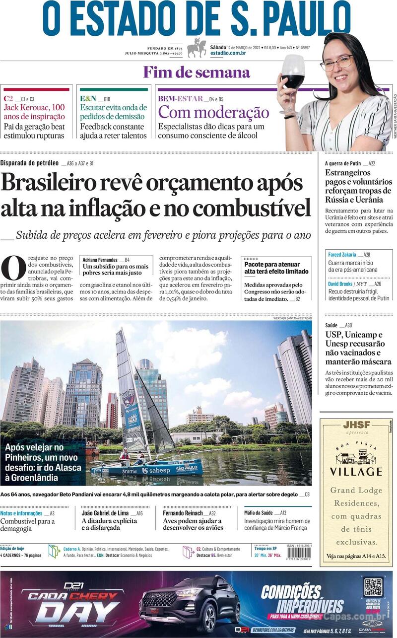 Capa do jornal Estadão 12/03/2022