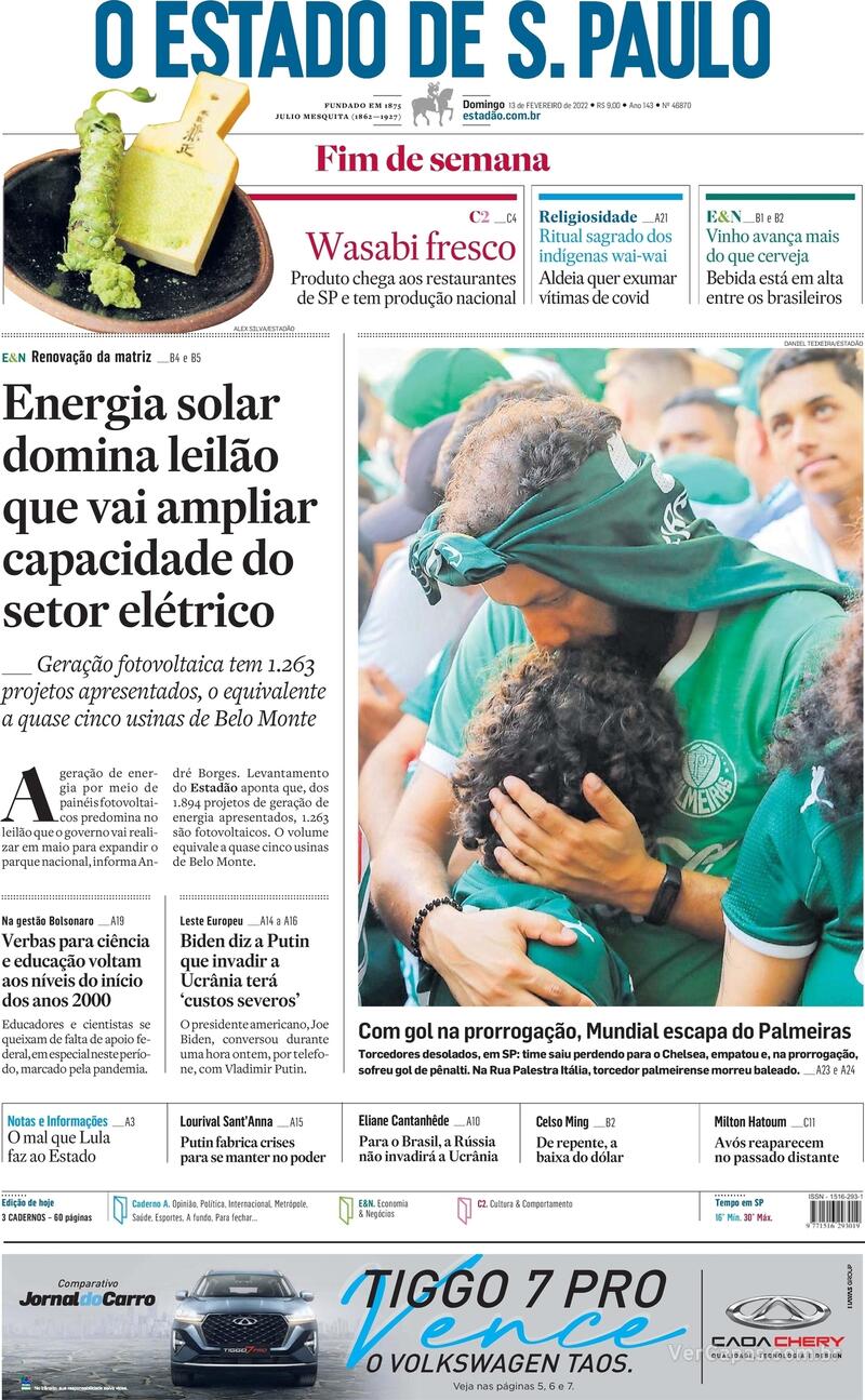Capa do jornal Estadão 13/02/2022