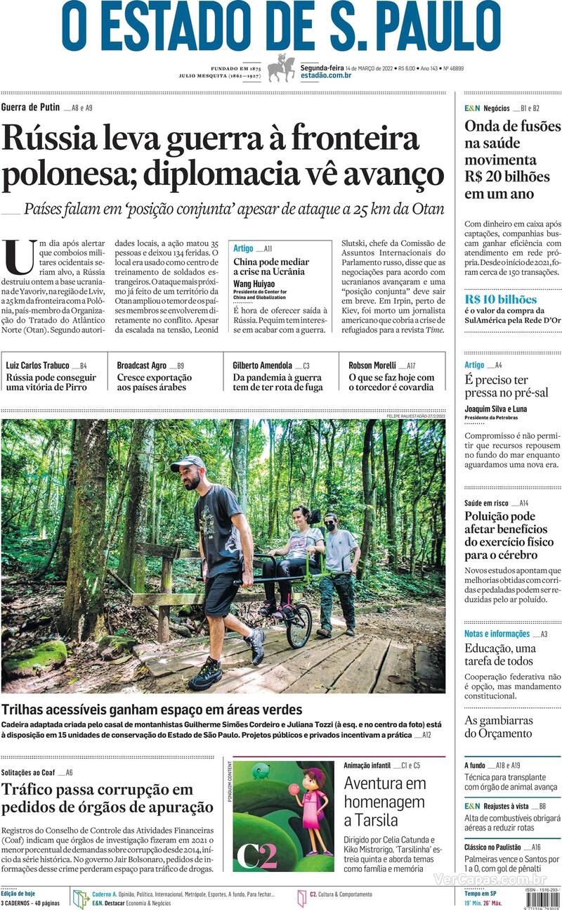 Capa do jornal Estadão 14/03/2022