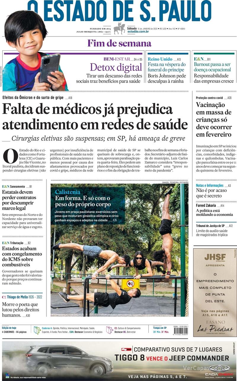 Capa do jornal Estadão 15/01/2022