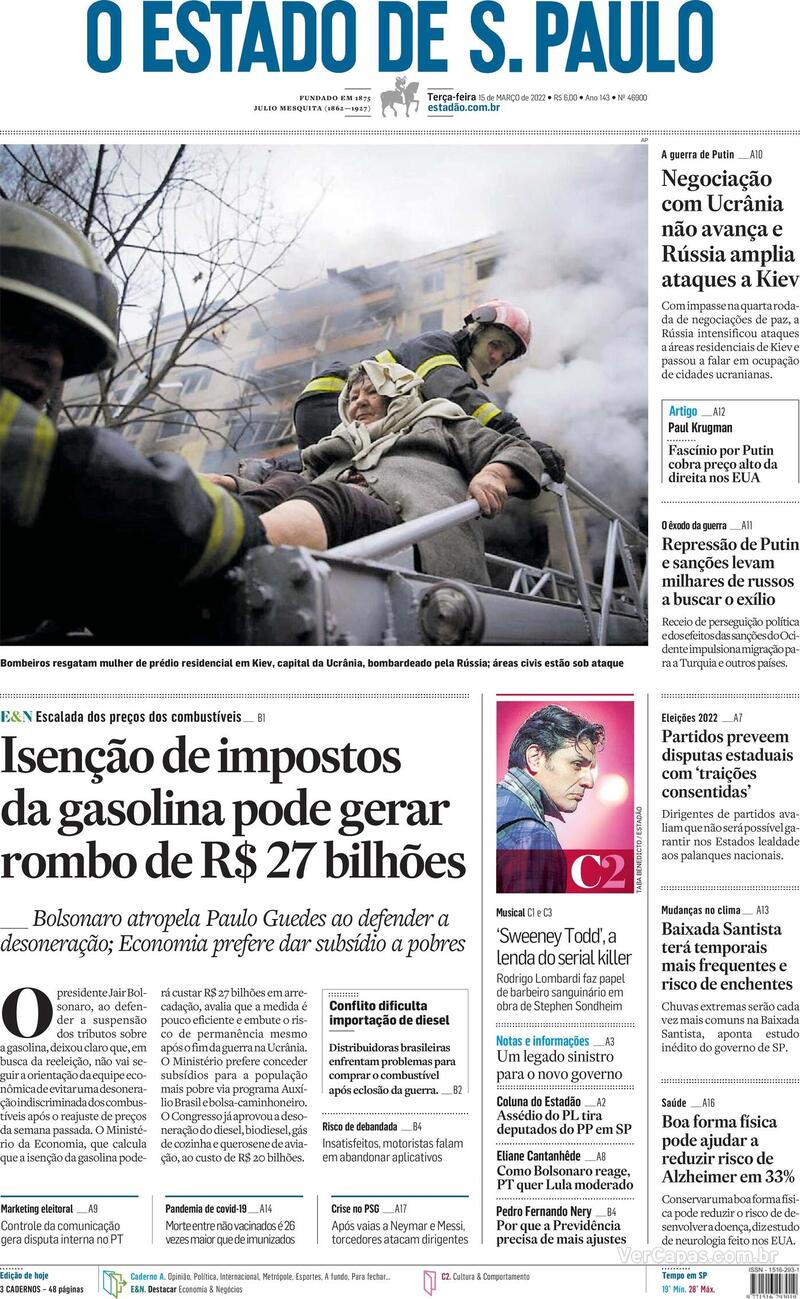 Capa do jornal Estadão 15/03/2022