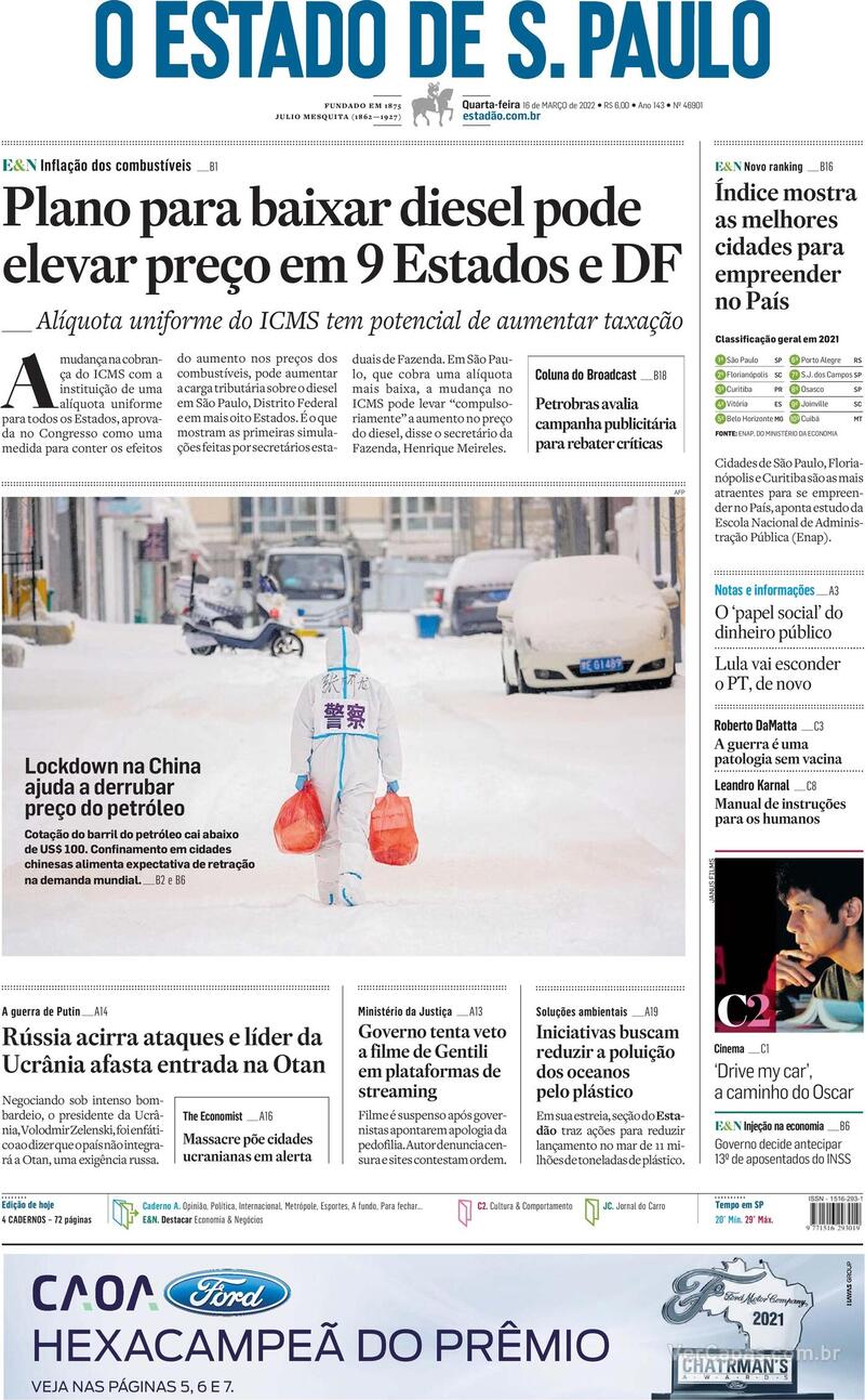 Capa do jornal Estadão 16/03/2022
