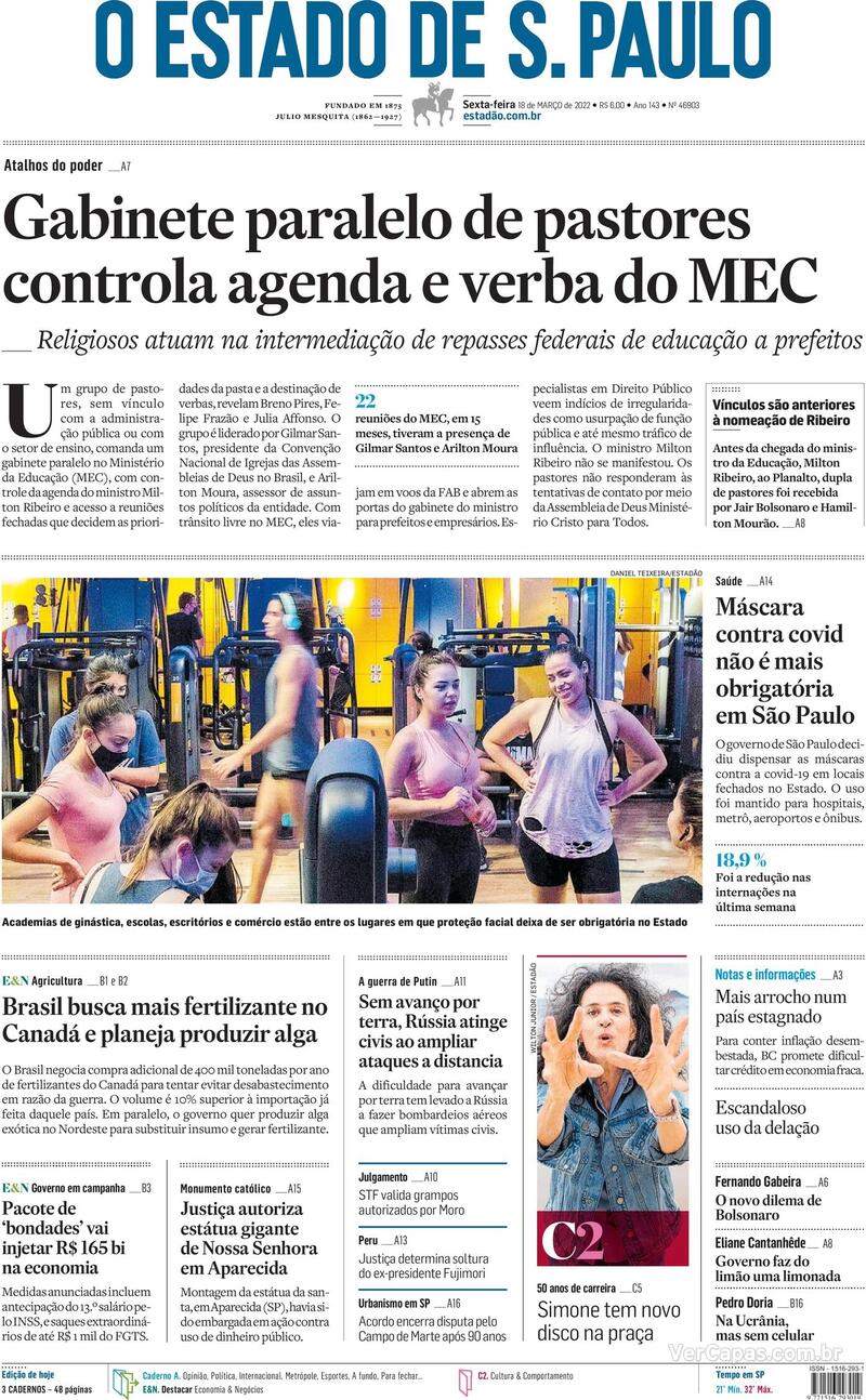 Capa do jornal Estadão 18/03/2022
