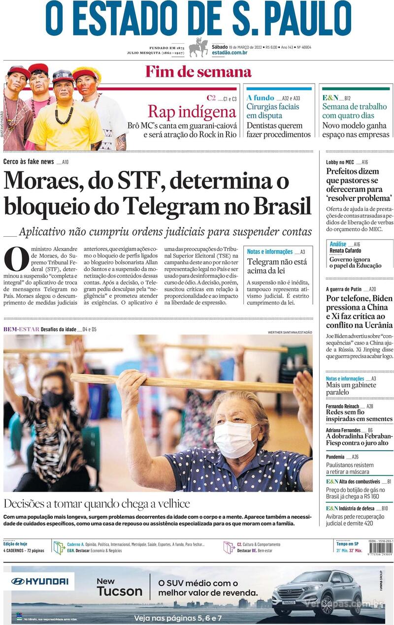 Capa do jornal Estadão 19/03/2022